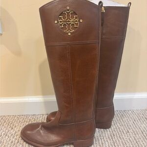 Tory Burch Brown Leather Boots with Gold Accent